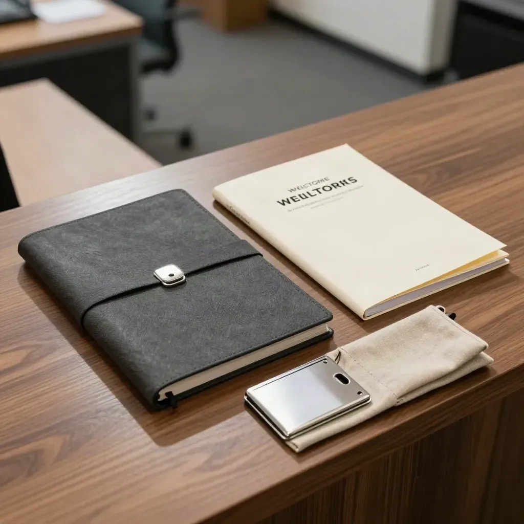 Kit d’accueil pour jeunes diplômés avec dossier, porte-carte métal et pochette en lin sur bois.