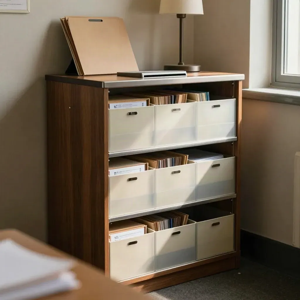 Meuble de tri à trois niveaux pour stages, dossiers vierges et lumière douce dans un bureau chaleureux