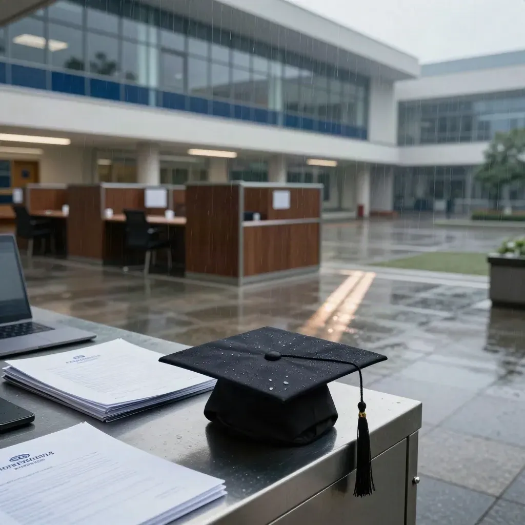 Hall campus vitré après la pluie, chapeau de diplômé, dossiers employeurs et ordinateur fermé.