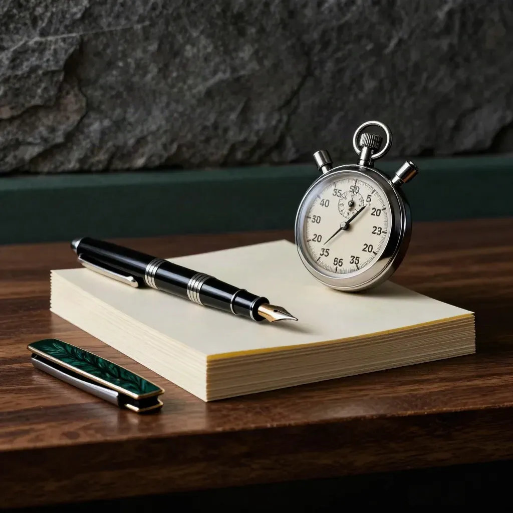 Stylo plume, chronomètre et pince à cravate sur cartes de révision, lumière dramatique.