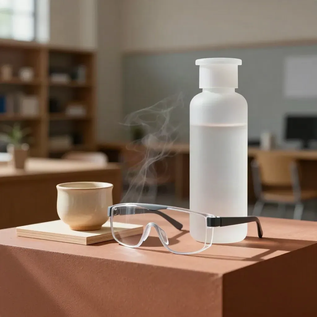 Vitrine employeur avec échantillon de labo, lunettes, tasse en céramique et maquette architecturale.