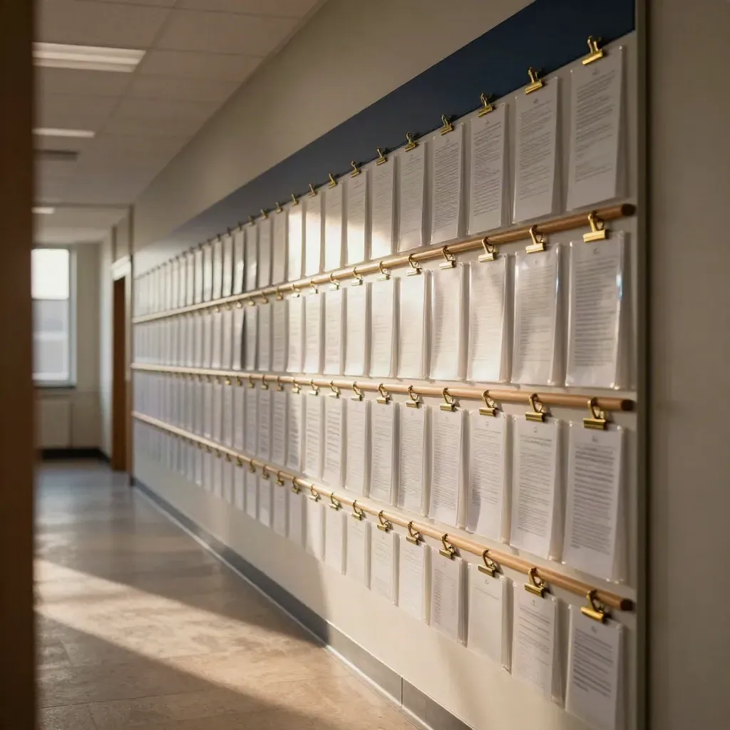 Mur d’annonces de rentrée monté dans un couloir de campus vide, lumière douce et clips en laiton