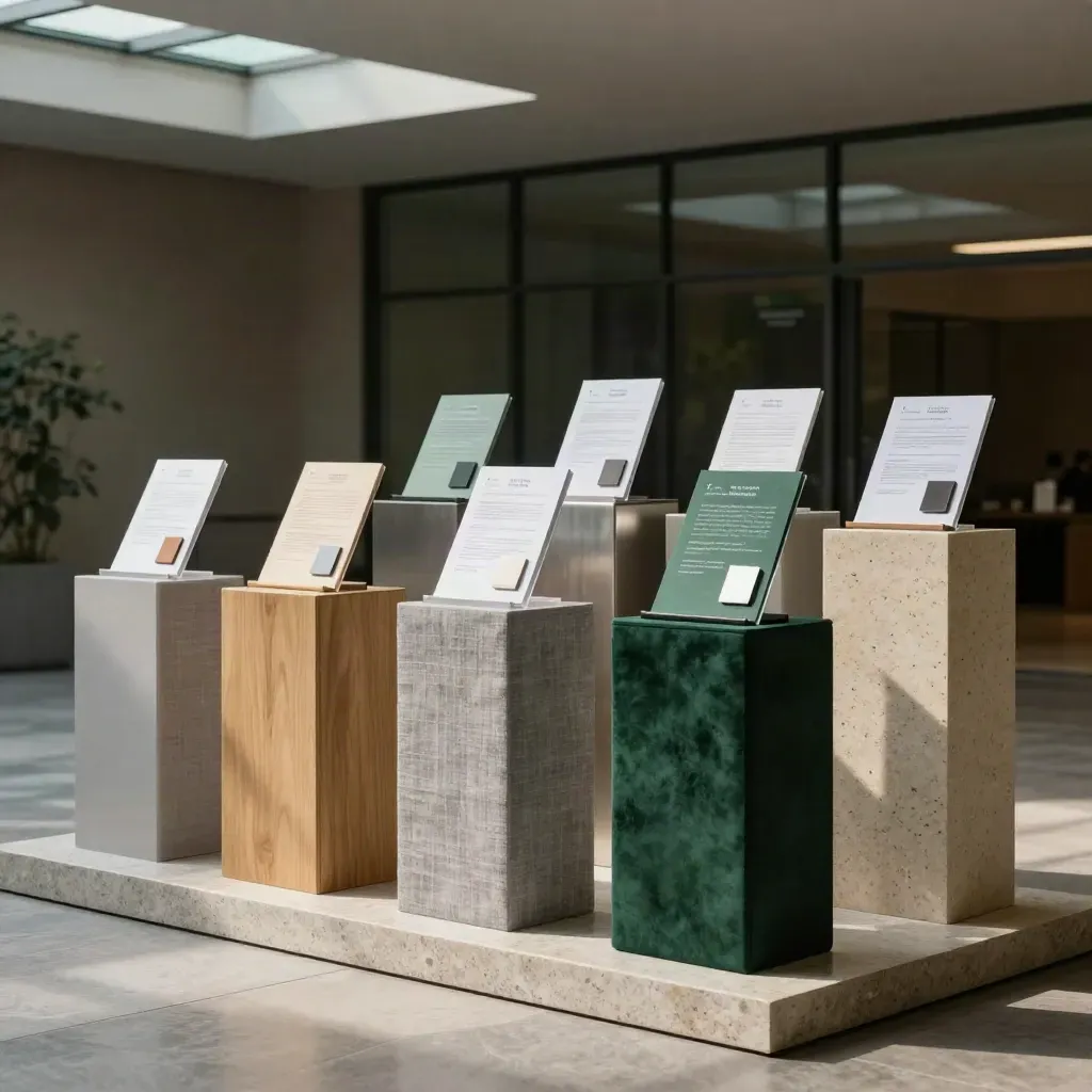 Installation d’employeur à huit socles dans un atrium campus, matières raffinées et lumière douce.