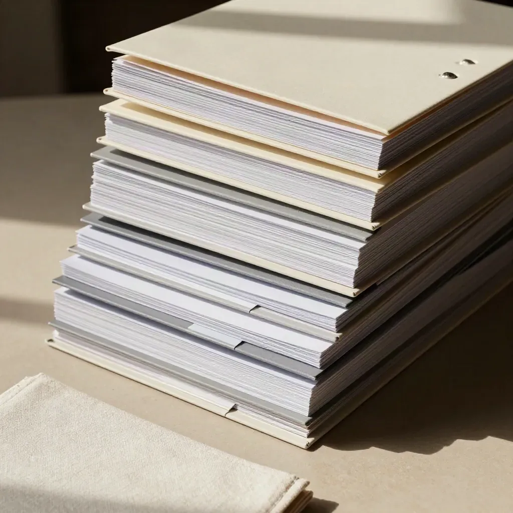 Trois piles de dossiers d’alternance triés par ville sur une table mate.