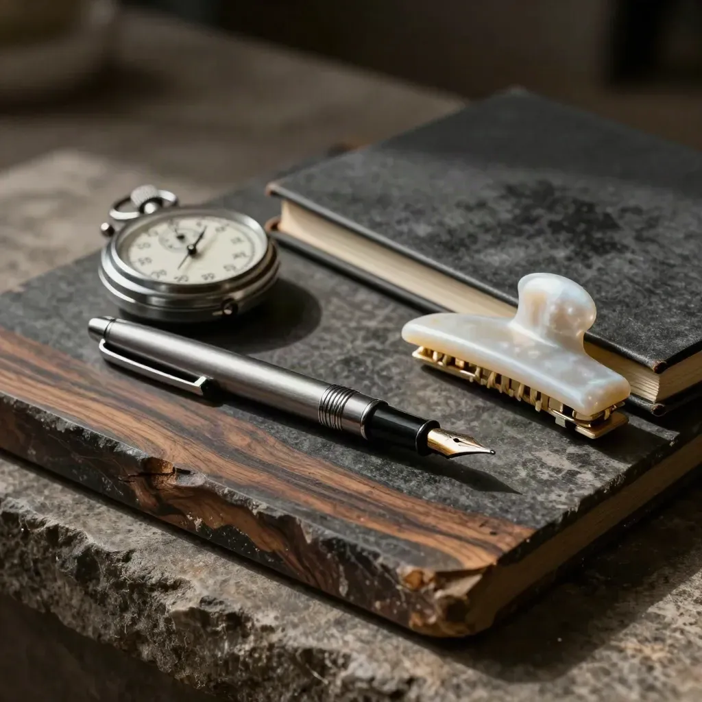 Stylo plume, chronomètre de poche, carnet fermé et pince à cravate sur pierre sombre