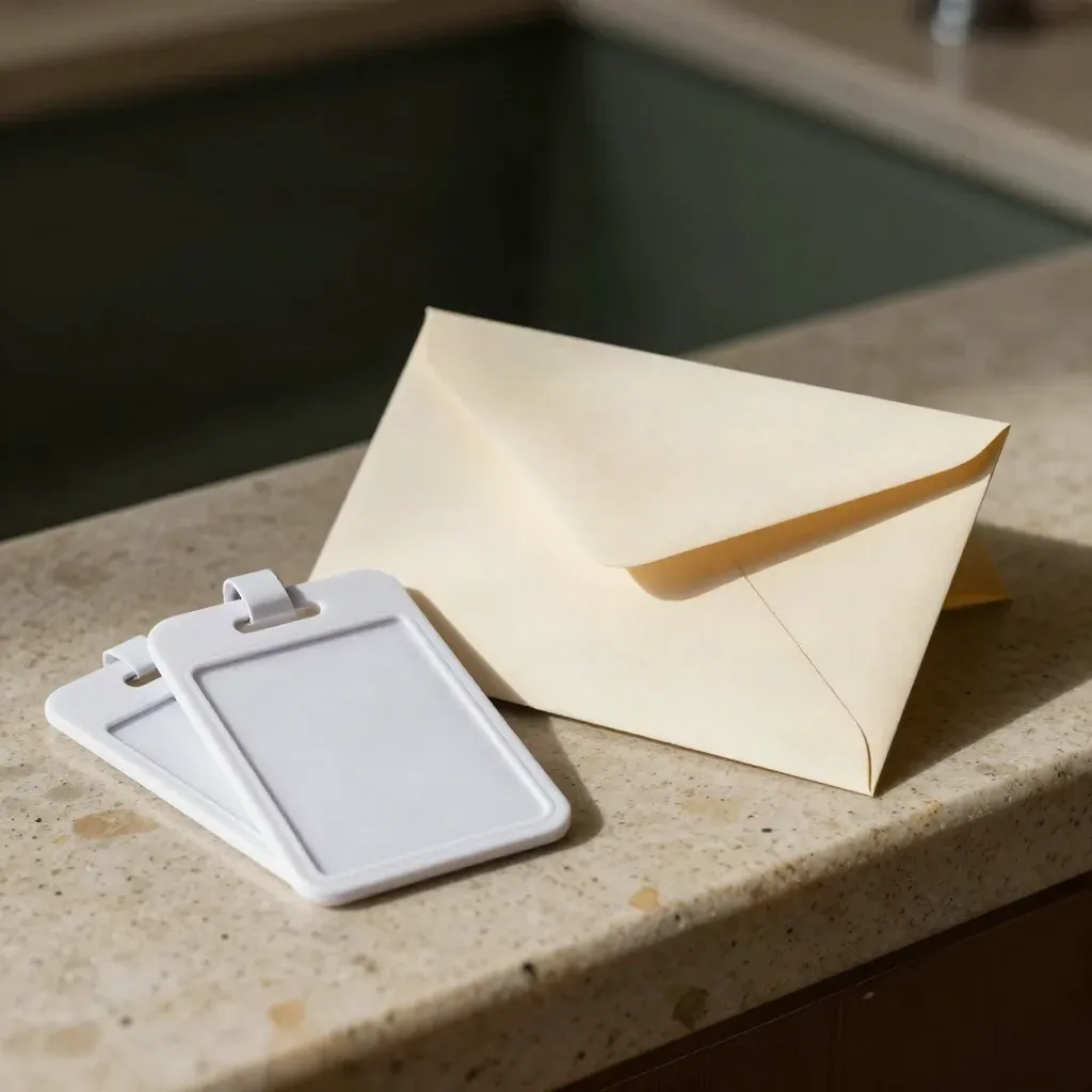 Badges visiteurs, enveloppe scellée et petit bloc annuaire sur pierre claire, gros plan.