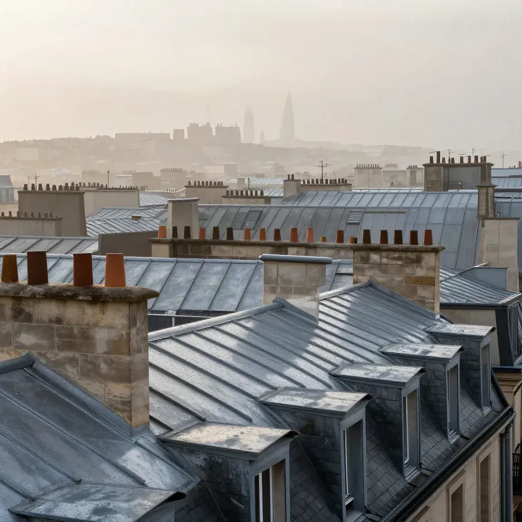Toits de zinc parisiens dans la brume du matin, ville humide et silencieuse.