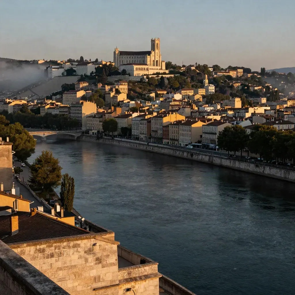 Vue de Lyon au soleil couchant, Fourvière et la confluence des fleuves dans la brume.