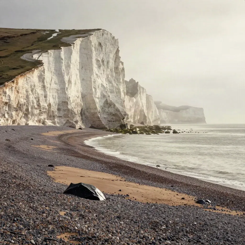 Falaises de craie de Cap Blanc-Nez au-dessus d'une grève de galets sous une éclaircie d'averse